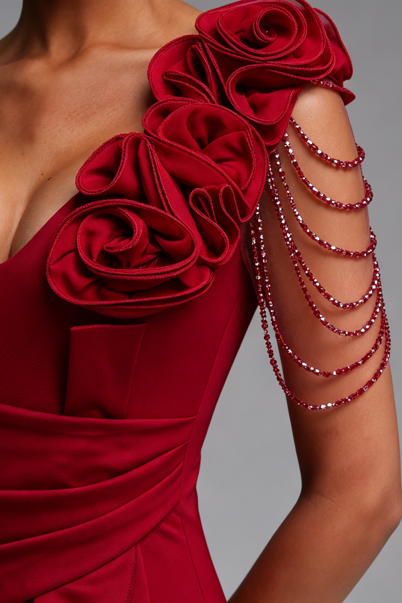 Burgundy 3D Floral Bead Tassel Ruffle High Slit Mermaid Maxi Gown - OWNCI Burgundy 3D Floral Bead Tassel Ruffle High Slit Mermaid Maxi Gown - OWNCI