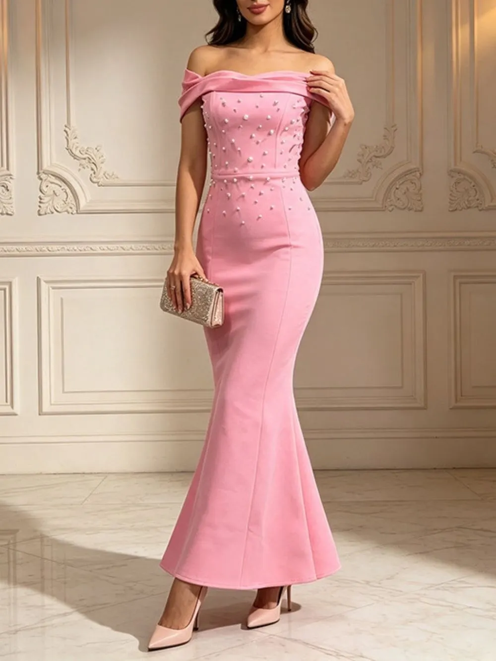 Maryann Pink Off-Shoulder Pearl Maxi Dress - OWNCI Maryann Pink Off-Shoulder Pearl Maxi Dress - OWNCI