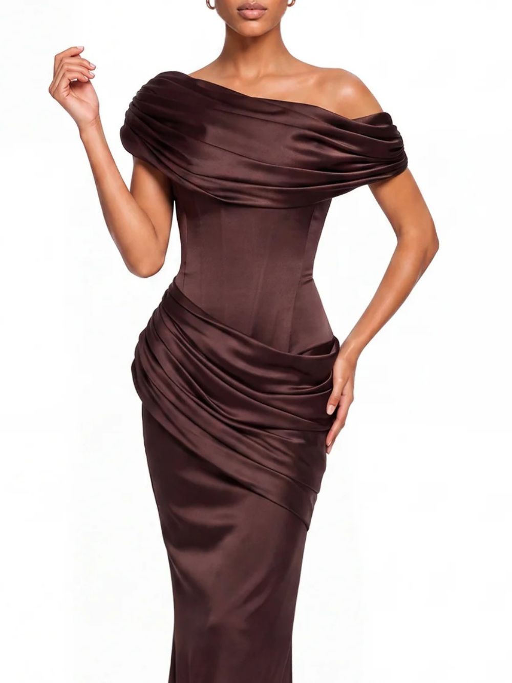 Neravo One Shoulder Satin Ruched Maxi Dress In Brown - OWNCI Neravo One Shoulder Satin Ruched Maxi Dress In Brown - OWNCI