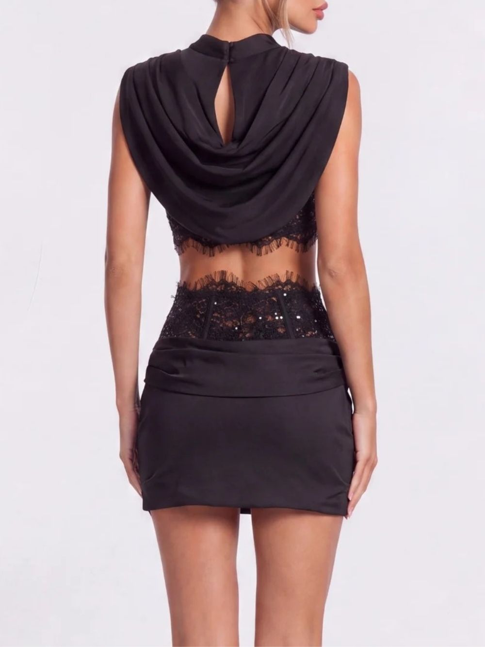 Helixor Cape Sleeve Satin Lace Skirt Set - OWNCI