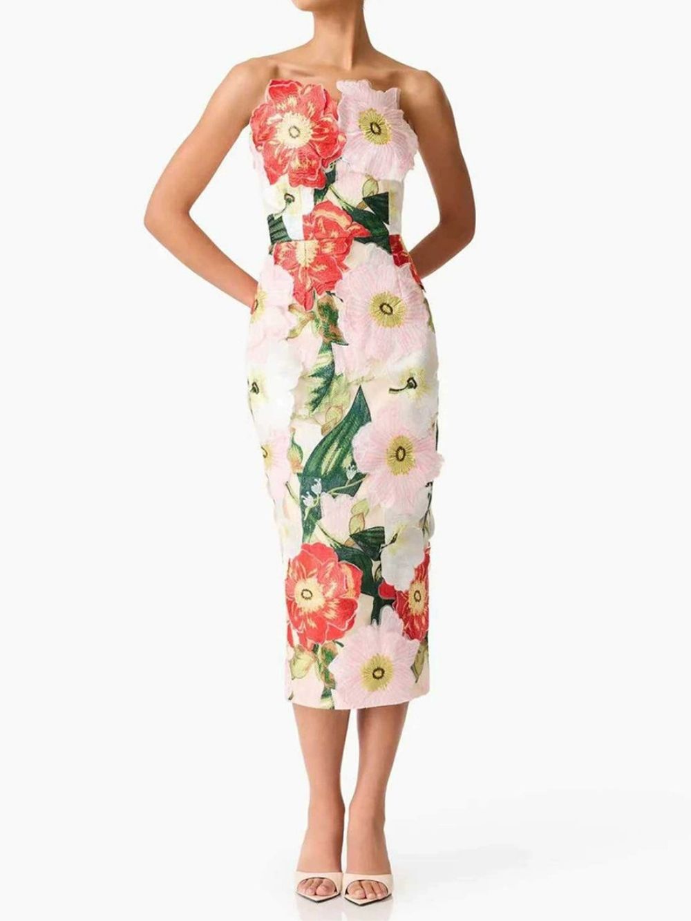 Masaye Strapless Flower Embroidery Midi Dress - OWNCI