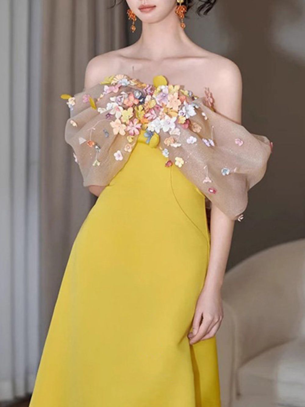 Bright Yellow Satin Strapless Maxi Gown With 3D Colorful Floral Tulle Bust - OWNCI Bright Yellow Satin Strapless Maxi Gown With 3D Colorful Floral Tulle Bust - OWNCI