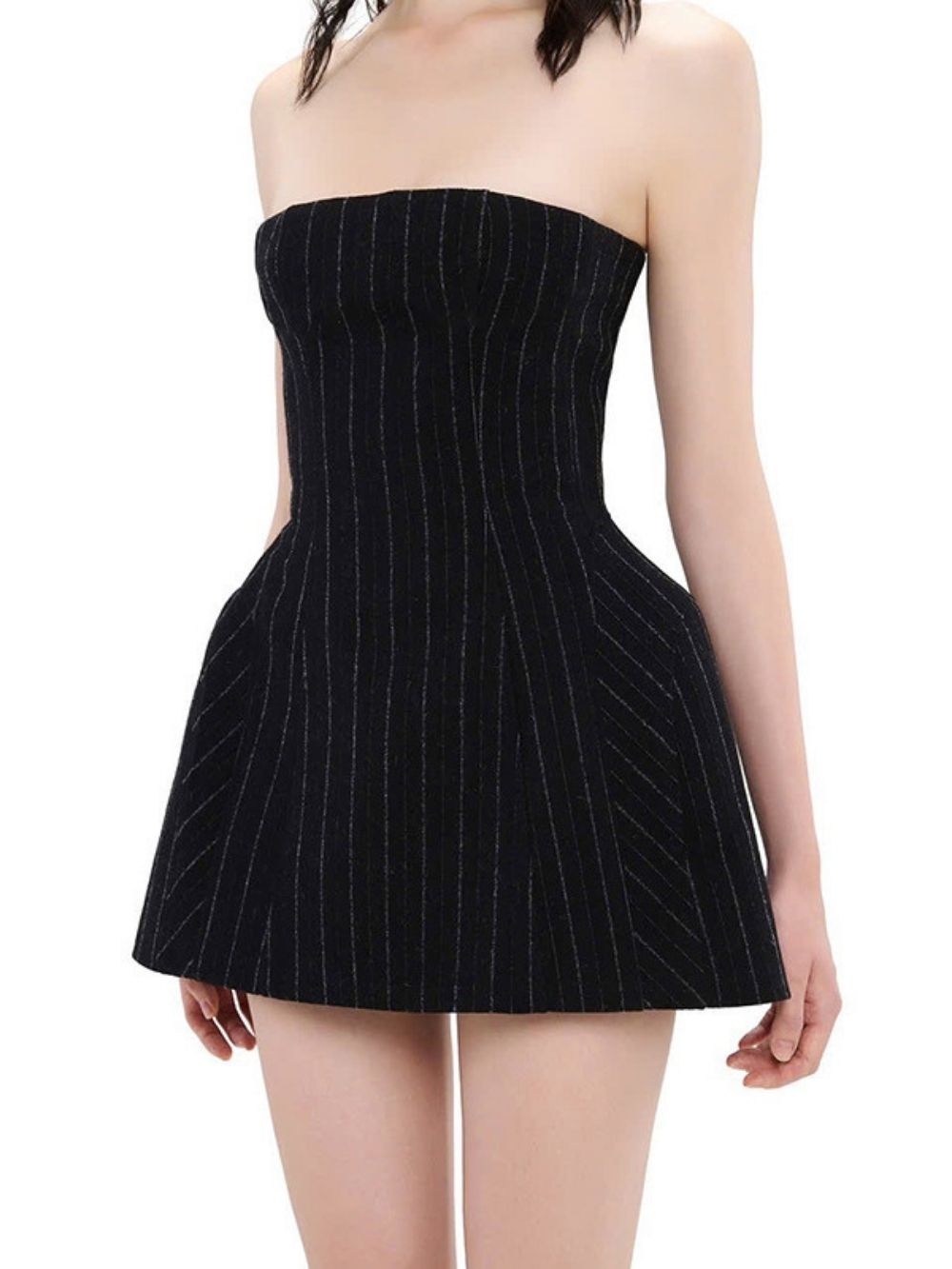 Marchesa Black Strapless Stripe Mini Dress - OWNCI