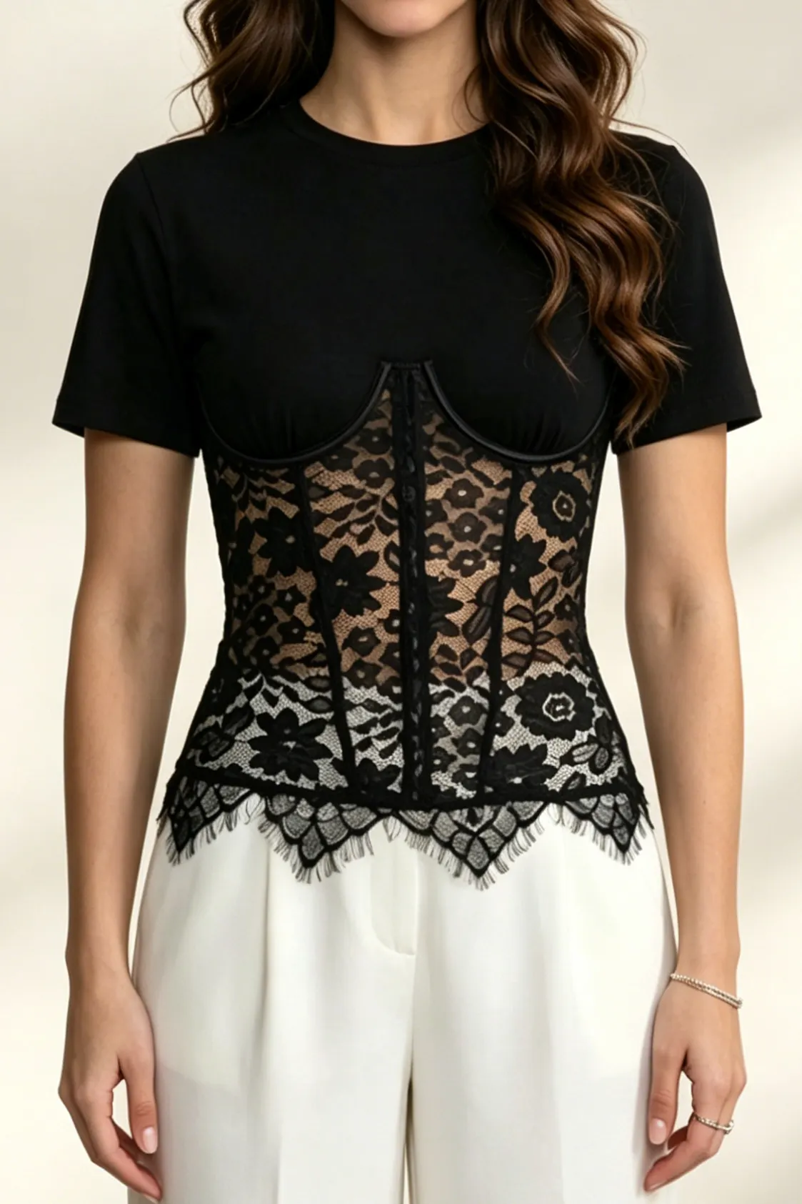 Black Spliced Floral Lace Corset Short Sleeve T-shirt - OWNCI Black Spliced Floral Lace Corset Short Sleeve T-shirt - OWNCI