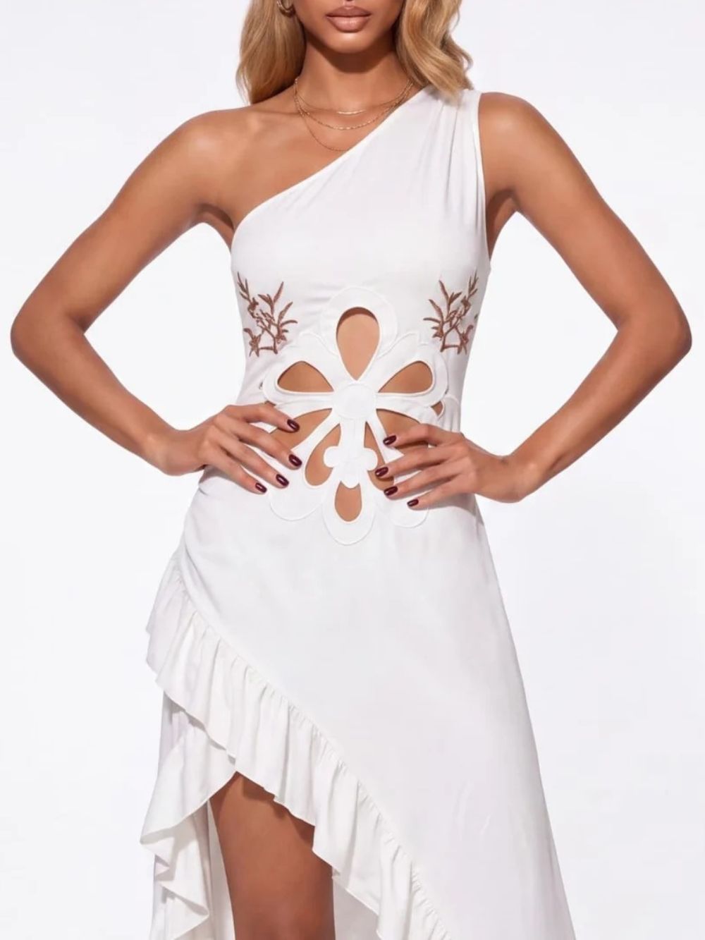 Iverique One Shoulder Cutout Ruffle Dress - OWNCI