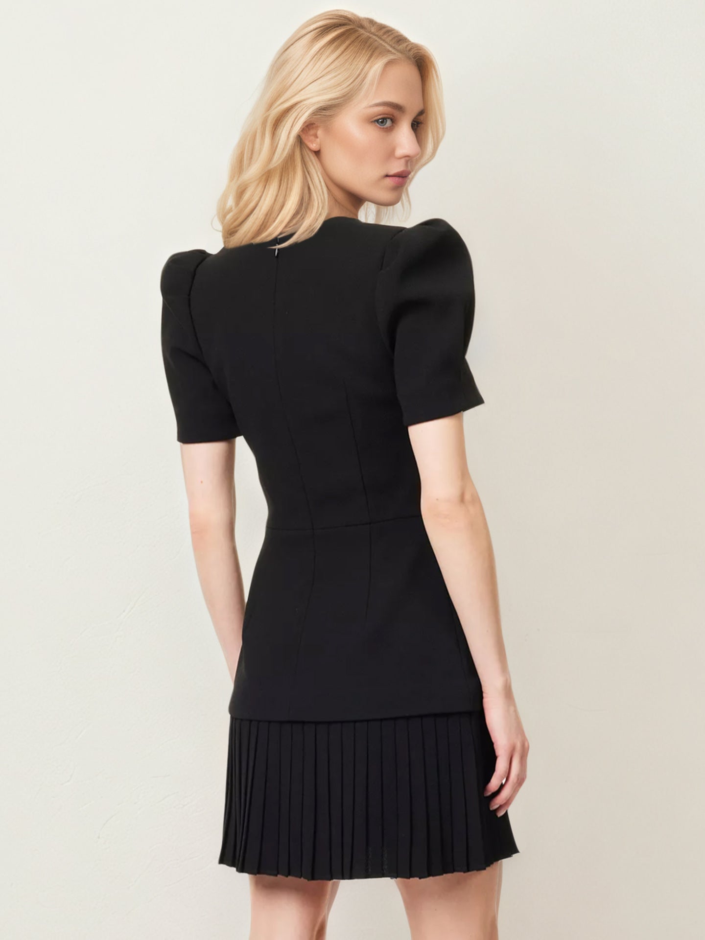 Black Sweetheart Square Neck Rhinestone Button Puff Sleeve Pleated Mini Dress - OWNCI