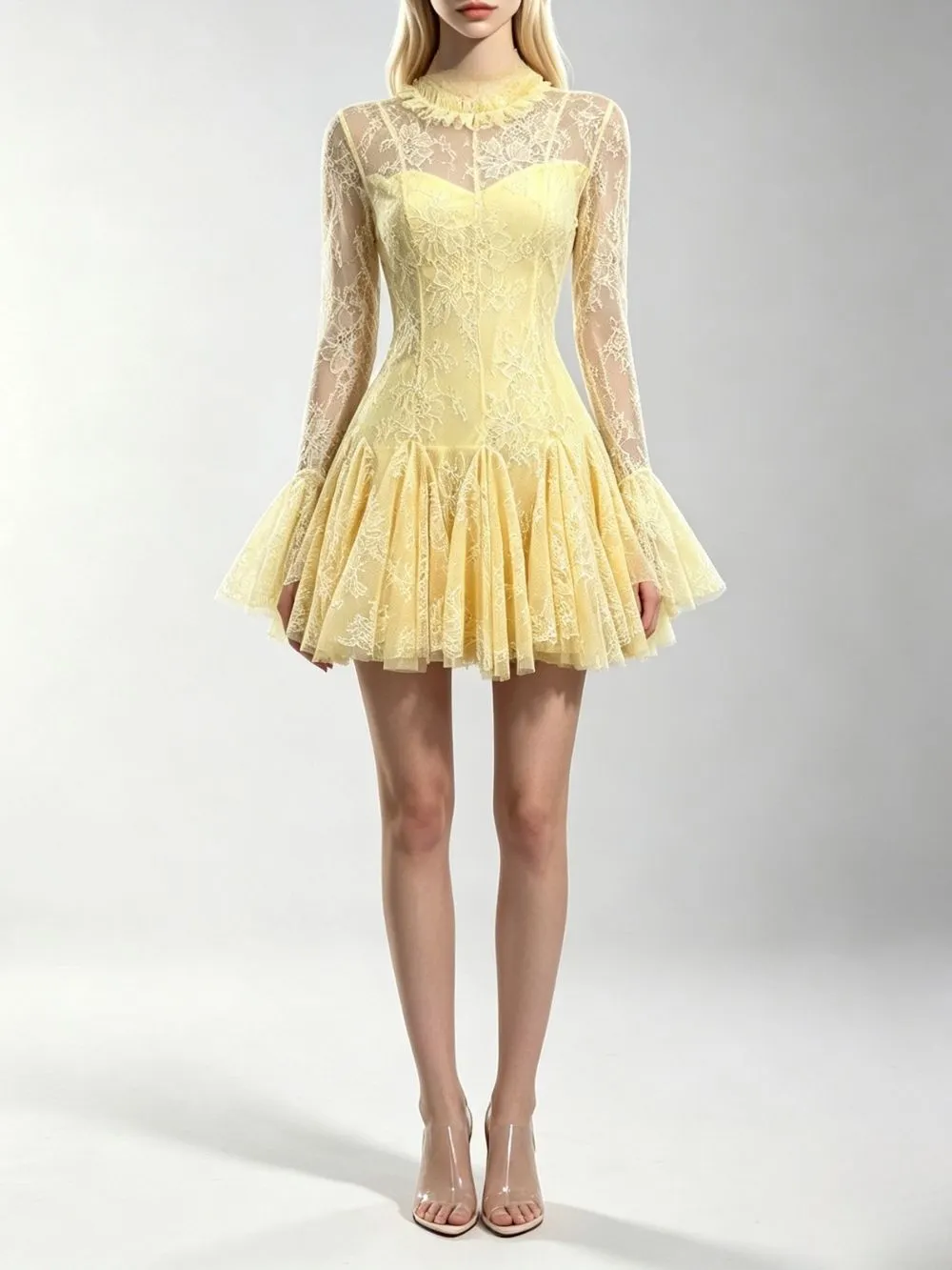 Mana Yellow Lace Long Sleeve Mini Dress