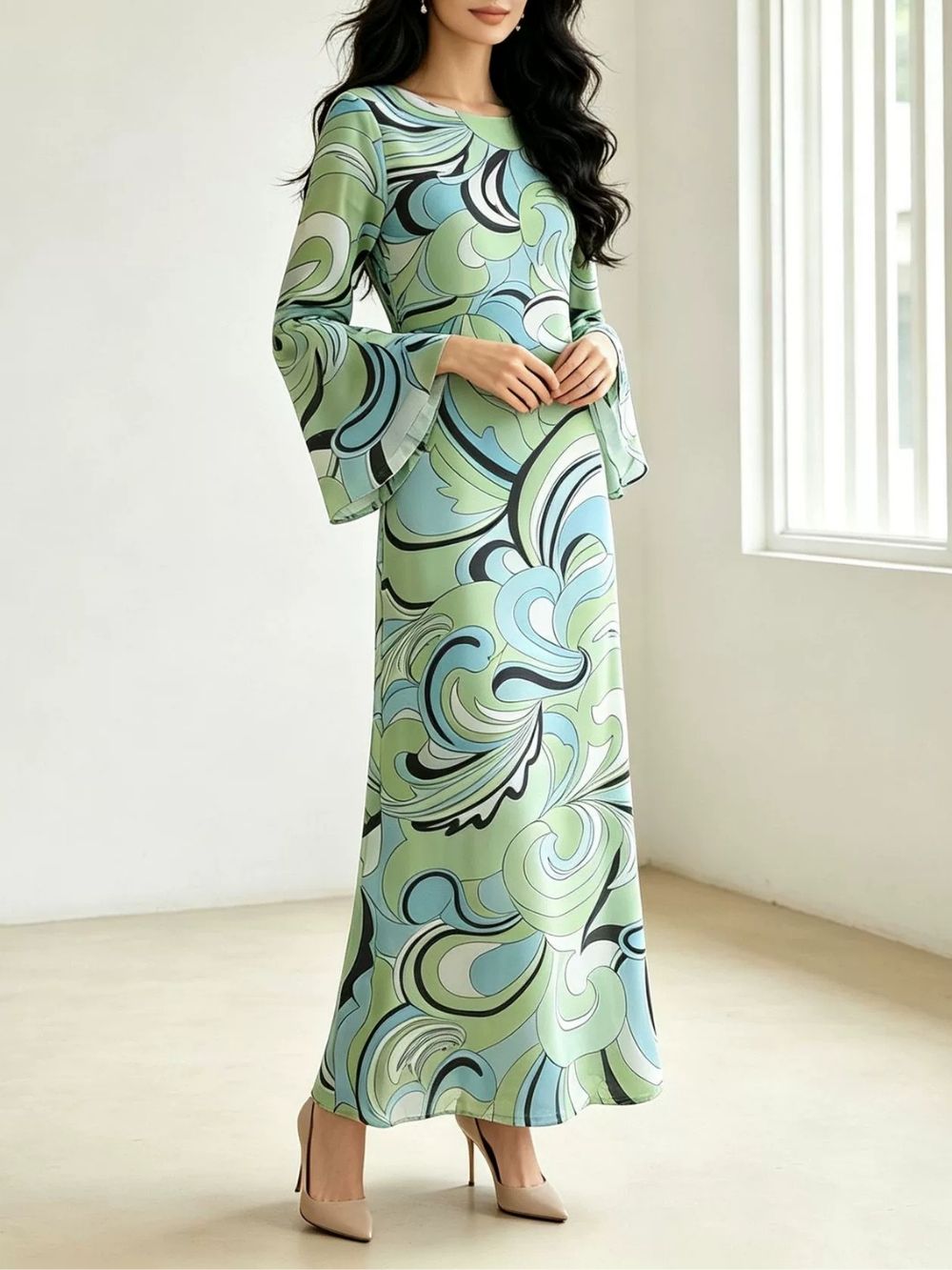 Maricela Green Long Sleeve Printed Maxi Dress - OWNCI