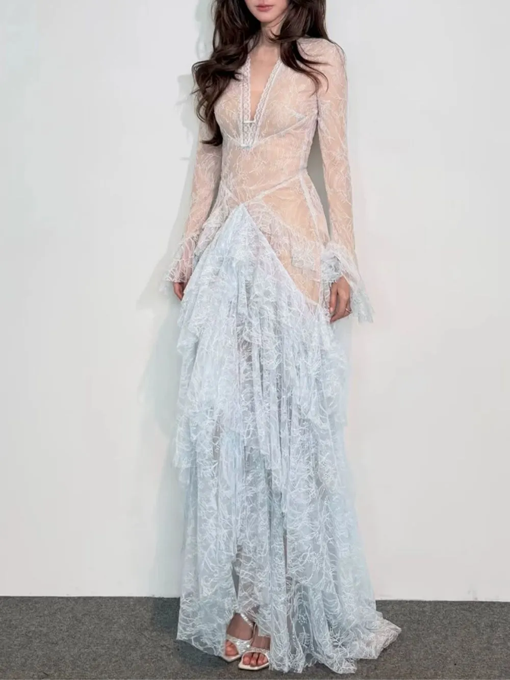 Mirelo Blue V Neck Lace Maxi Dress - OWNCI Mirelo Blue V Neck Lace Maxi Dress - OWNCI