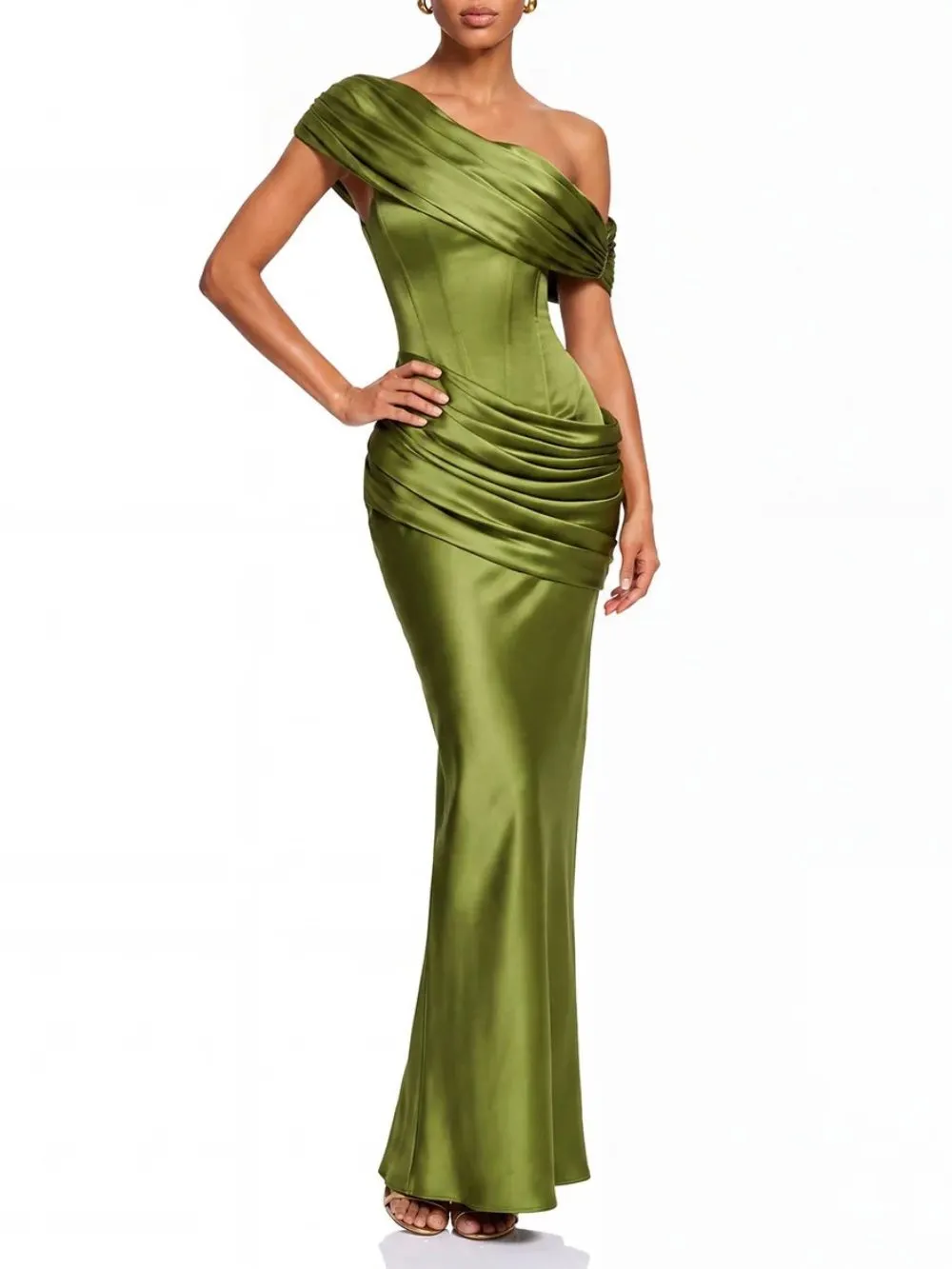 Neravo One Shoulder Satin Ruched Maxi Dress In Oliver - OWNCI Neravo One Shoulder Satin Ruched Maxi Dress In Oliver - OWNCI
