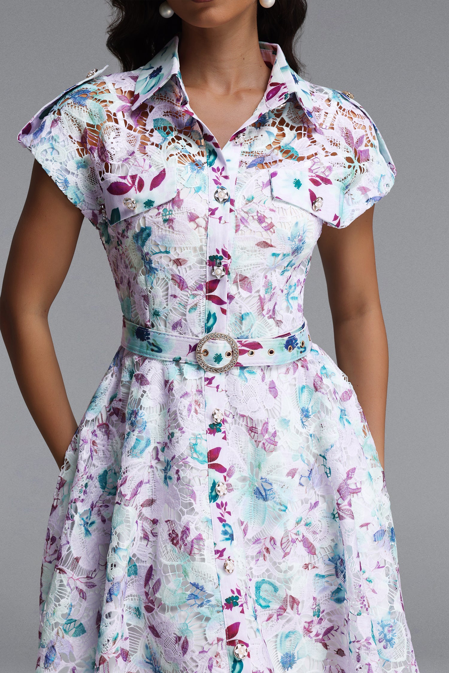 Pastel Floral Lace Collared Fit & Flare Midi Dress with Belt - OWNCI Pastel Floral Lace Collared Fit & Flare Midi Dress with Belt - OWNCI