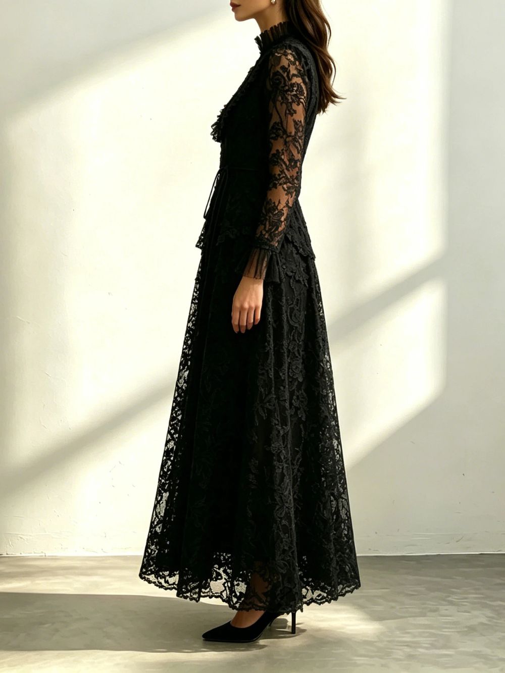 Cream Floral Lace Ruffle High Neck Long Sleeve Belted Maxi Dress - OWNCI