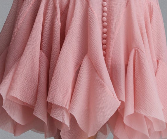 Blush Pink Crew Neck Sleeveless Vertical Button Front Flared Ruffle Hem Midi Dress - OWNCI Blush Pink Crew Neck Sleeveless Vertical Button Front Flared Ruffle Hem Midi Dress - OWNCI