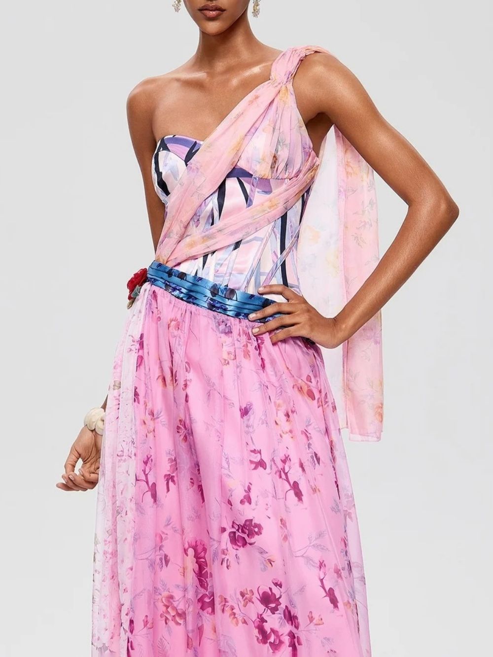 Morqen One Shoulder Floral Midi Dress