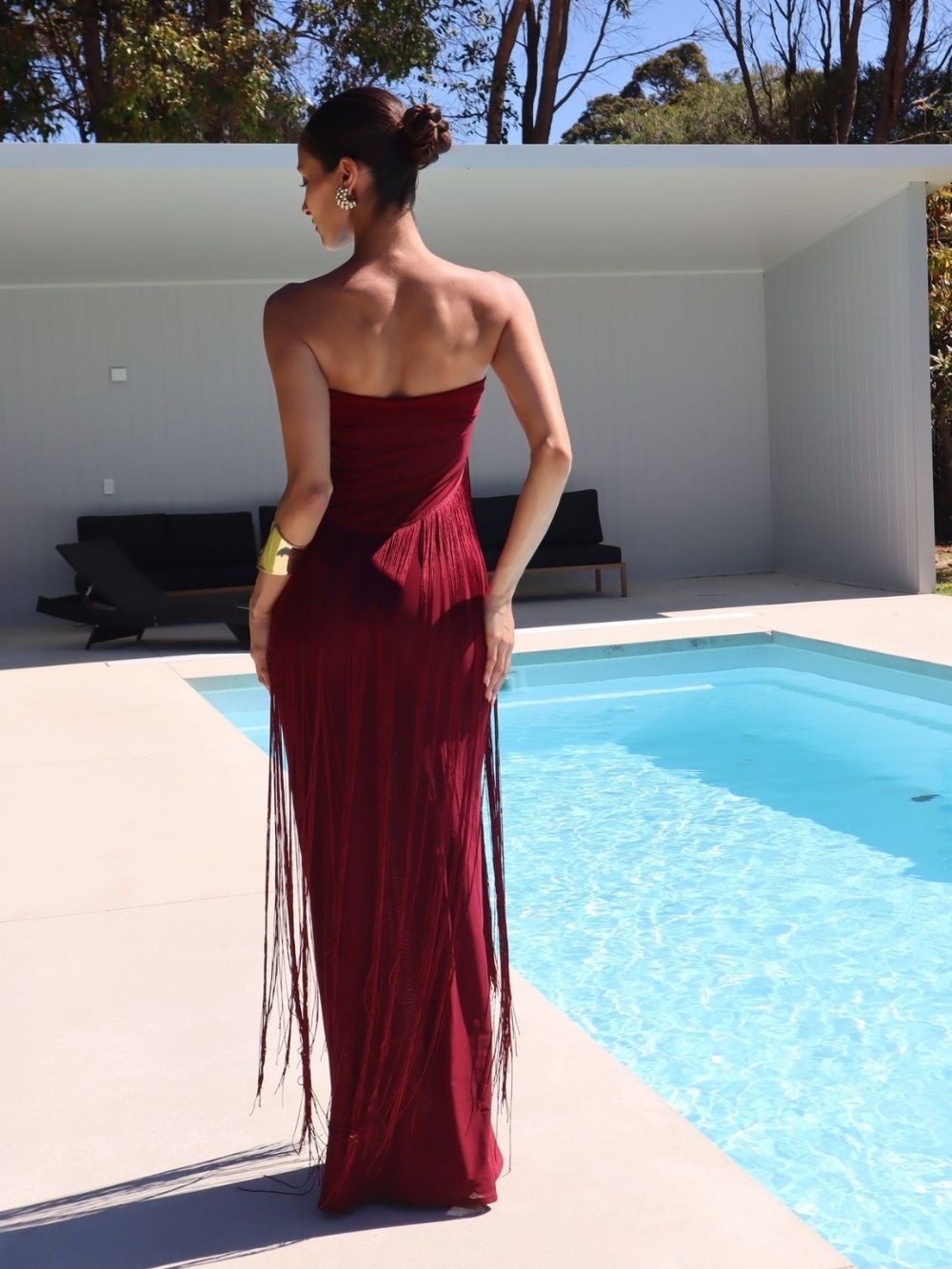 Maritta Wine Strapless Tassel Maxi Dress - OWNCI