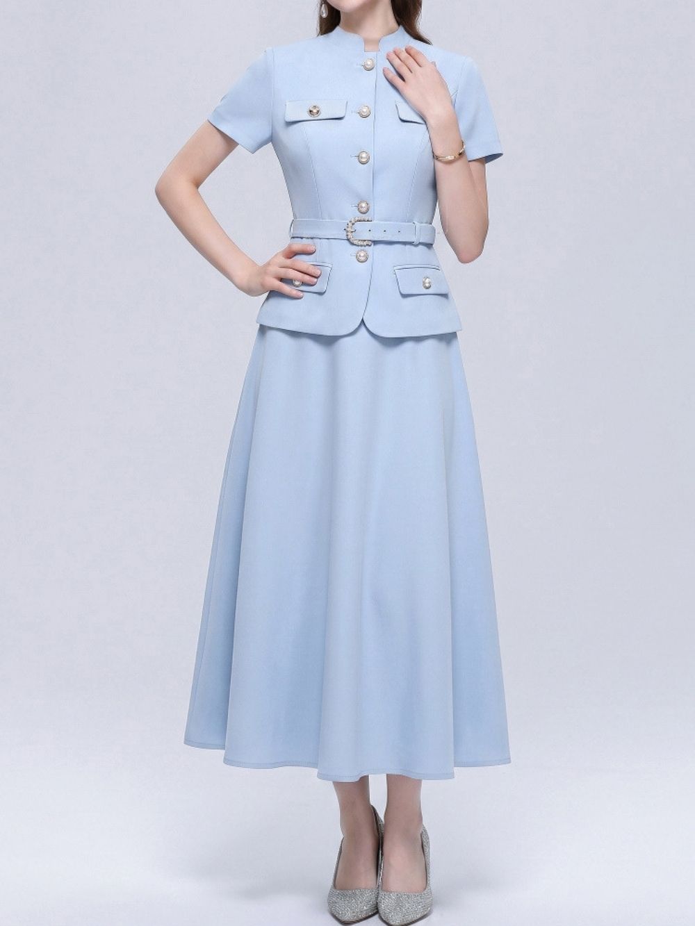 Maryam Blue Short Sleeve Midi Dress - OWNCI