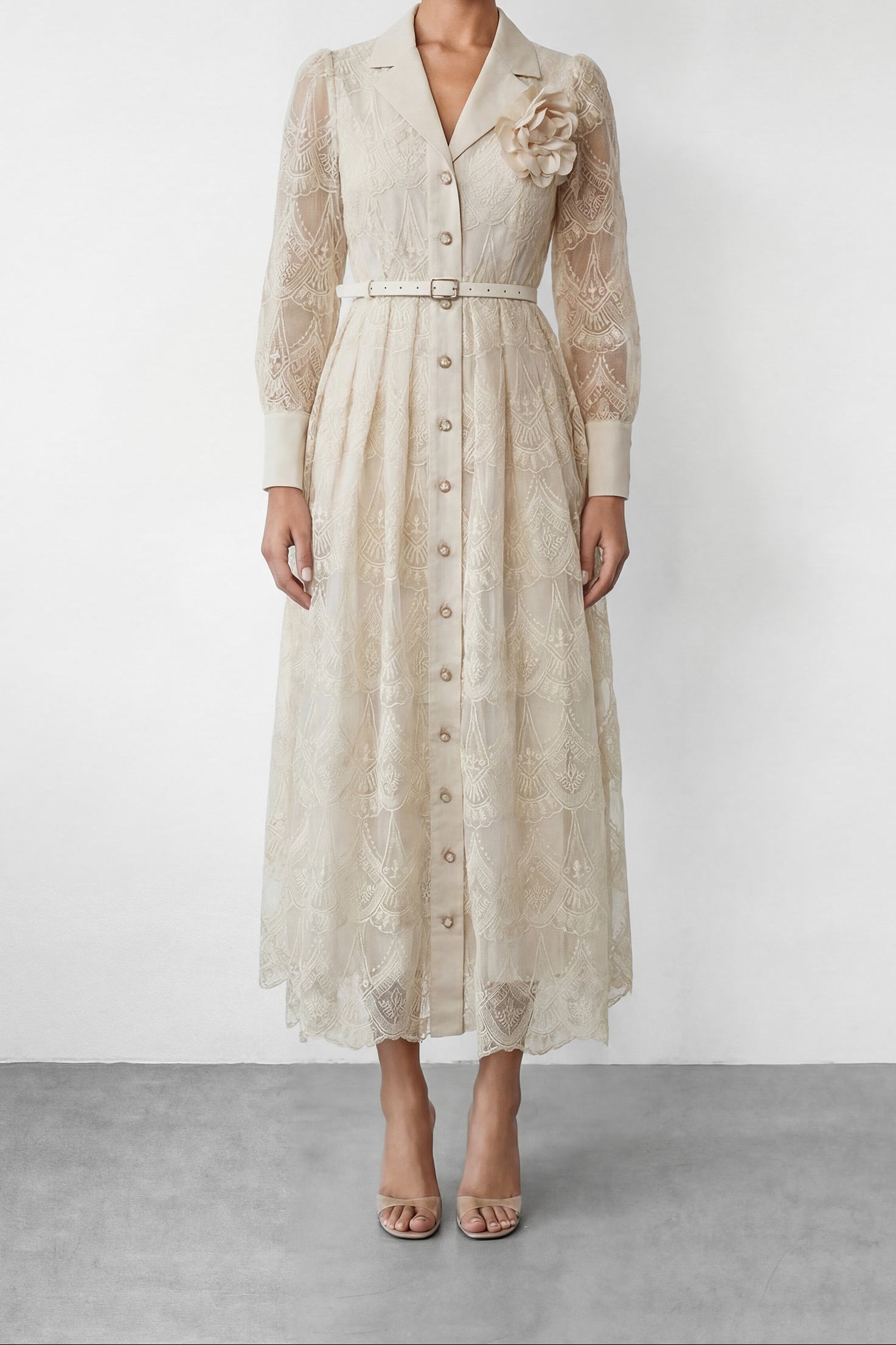 Cream Embroidery Lapel Long Sleeve Belted Midi Shirt Dress With 3D Rose Brooch - OWNCI Cream Embroidery Lapel Long Sleeve Belted Midi Shirt Dress With 3D Rose Brooch - OWNCI