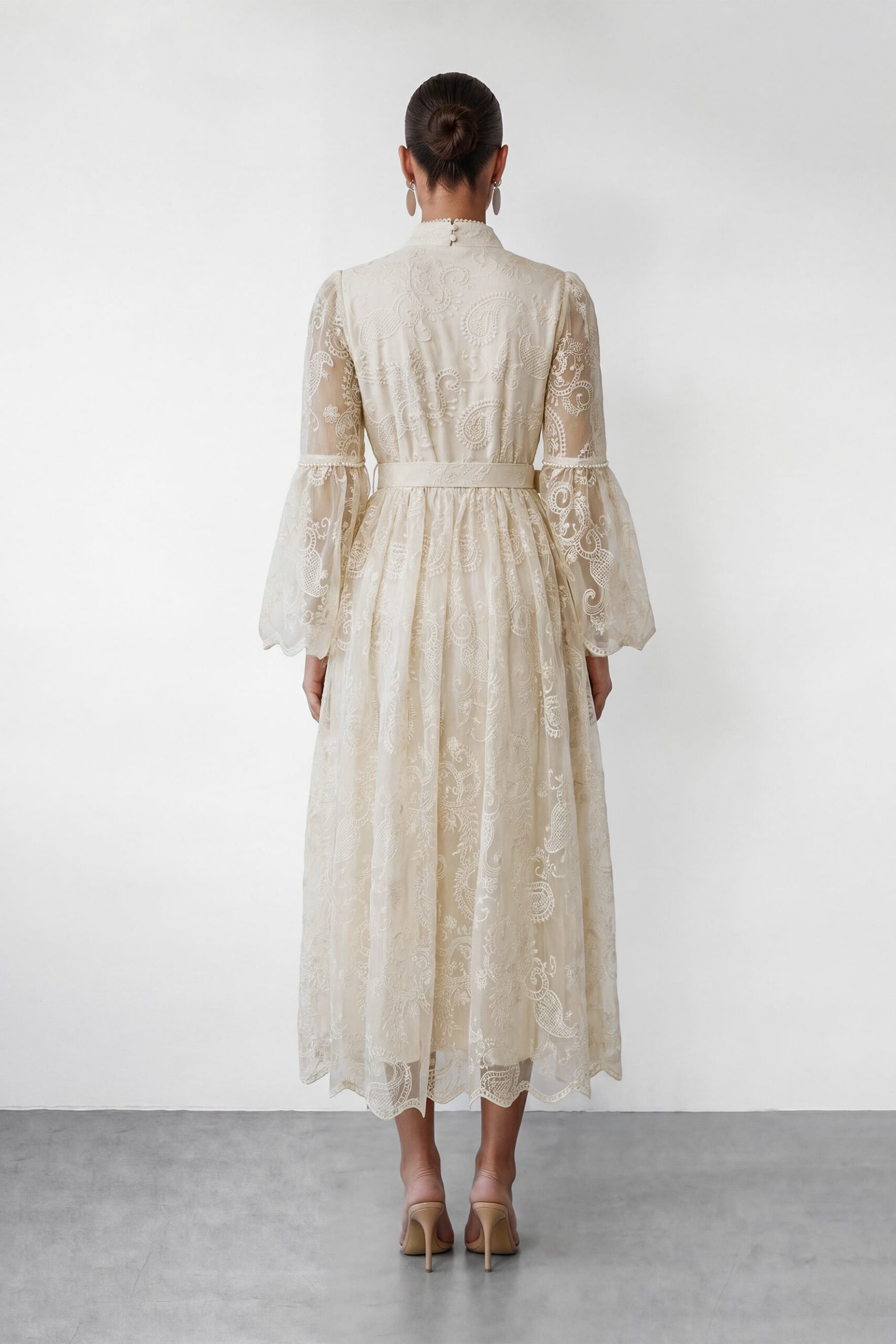 Cream Embroidery Lace Stand Collar Bell Sleeve Belted Midi Shirt Dress - OWNCI Cream Embroidery Lace Stand Collar Bell Sleeve Belted Midi Shirt Dress - OWNCI