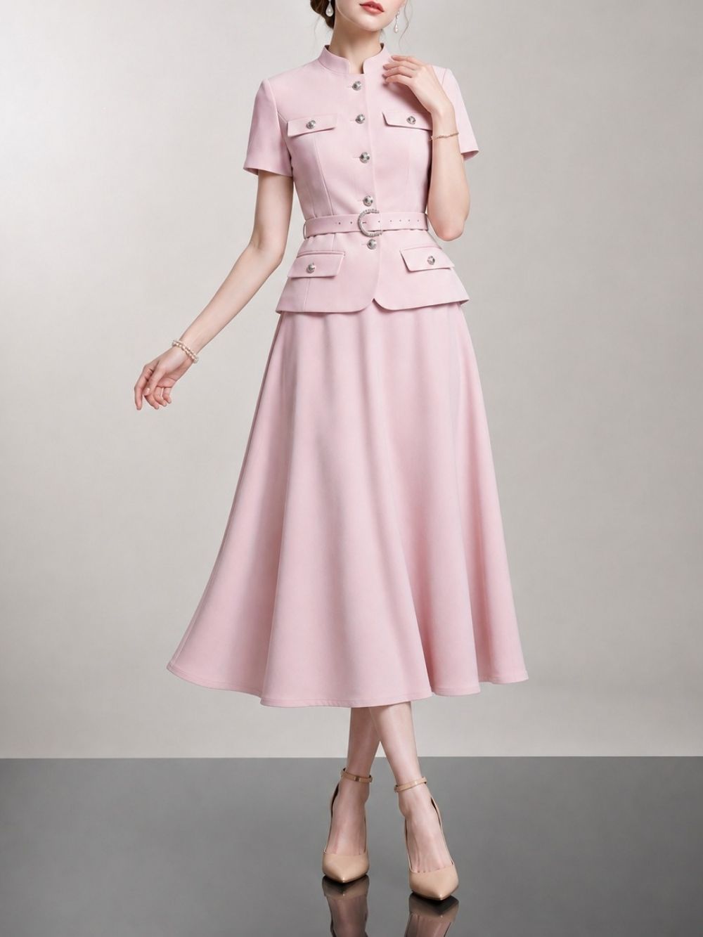 Maryam Pink Short Sleeve Midi Dress - OWNCI