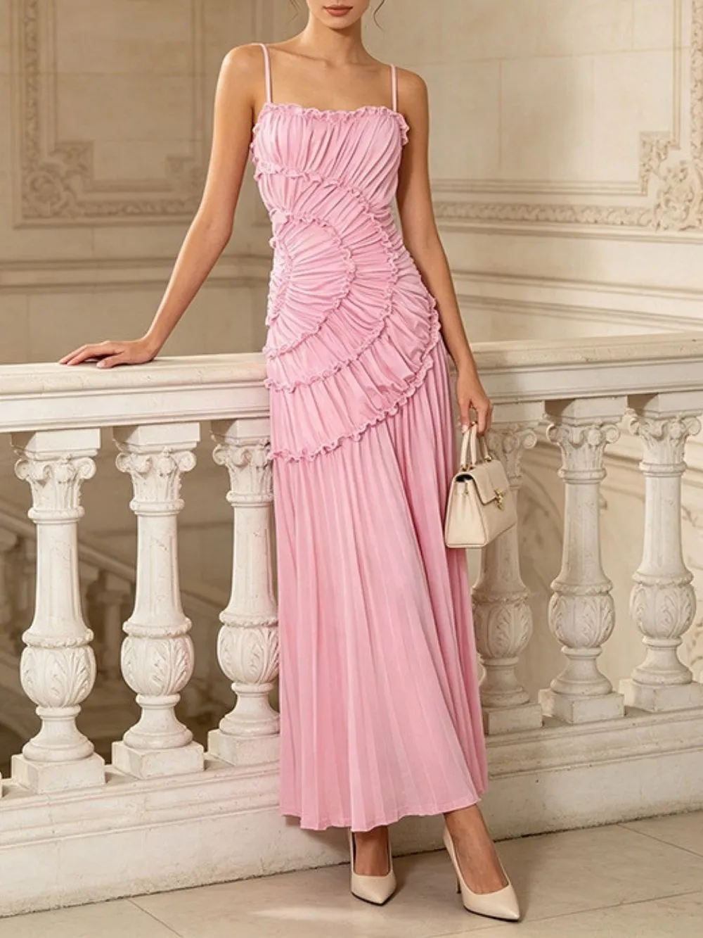 Marjani Pink Spaghetti Ruched Maxi Dress - OWNCI Marjani Pink Spaghetti Ruched Maxi Dress - OWNCI