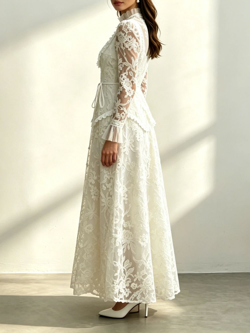Cream Floral Lace Ruffle High Neck Long Sleeve Belted Maxi Dress - OWNCI