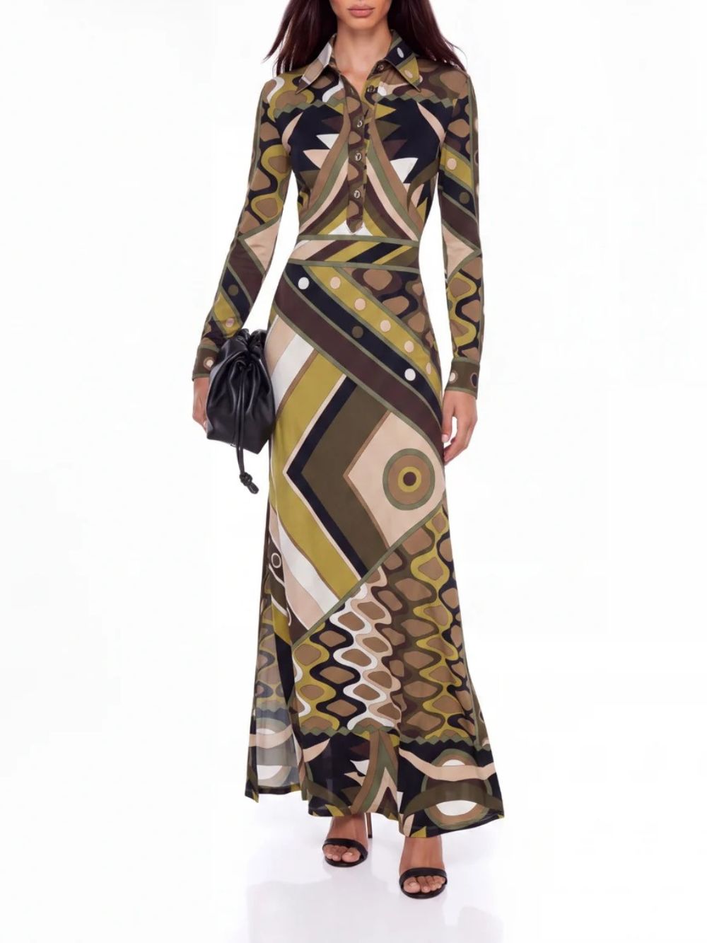 Hylora Folded Collar Geo Printed Maxi Dress - OWNCI Hylora Folded Collar Geo Printed Maxi Dress - OWNCI