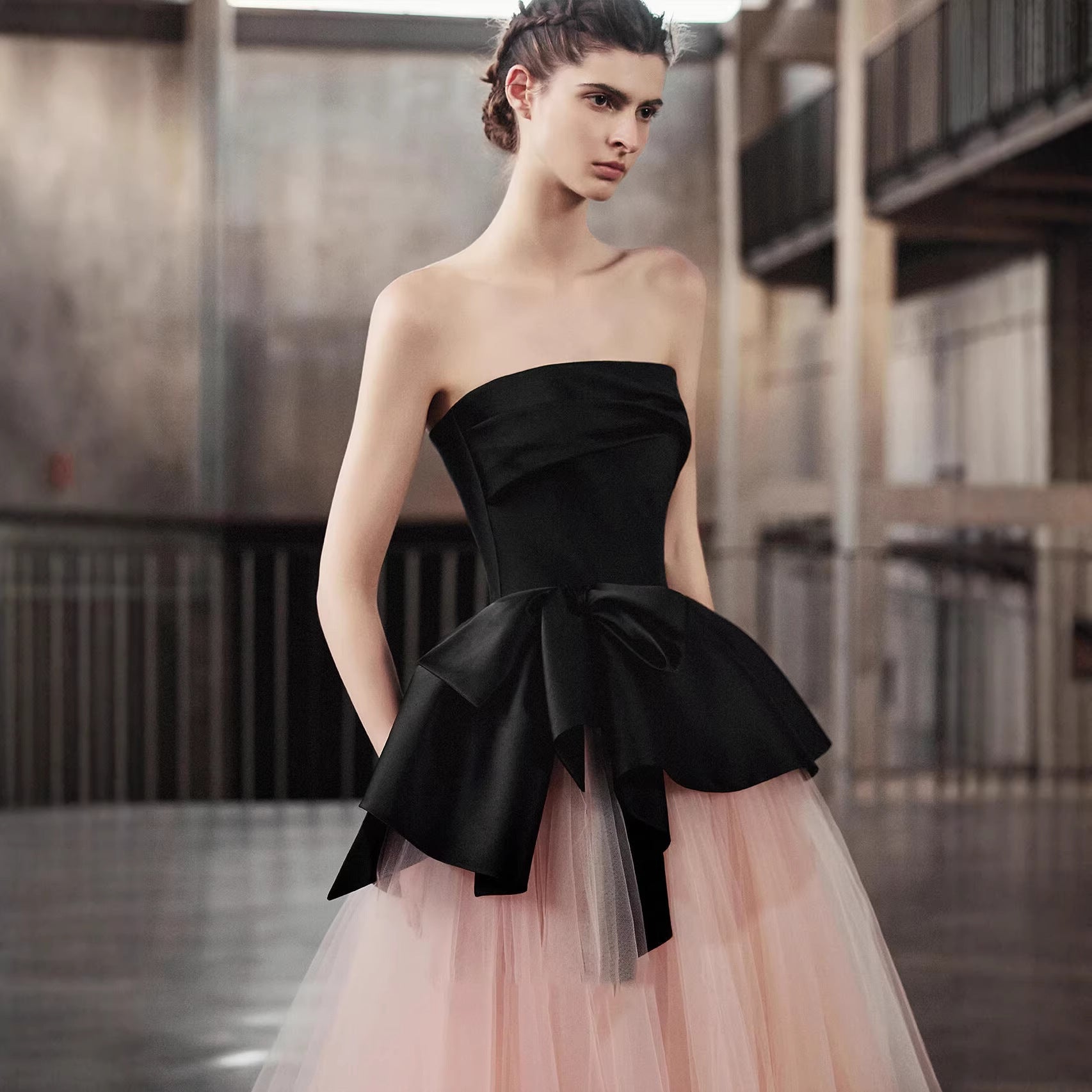 Strapless Satin Big Bow Contrast Pink Tulle Ball Gown - OWNCI Strapless Satin Big Bow Contrast Pink Tulle Ball Gown - OWNCI