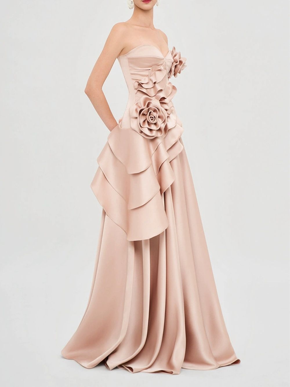 ccb78c976a5a5fafd4bd2040dd3bafdf Margielyn Strapless Flower Ruffle Satin Maxi Dress