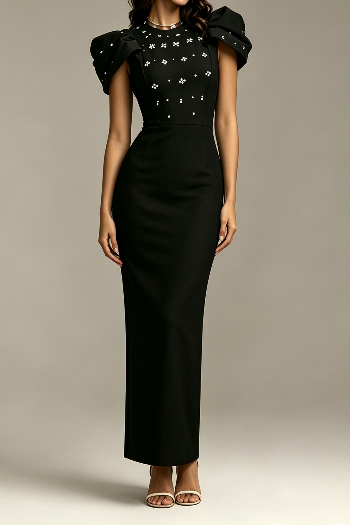 Black Stand Collar Statement Puff Shoulder Floral Rhinestone Fitted Midi Formal Dress - OWNCI