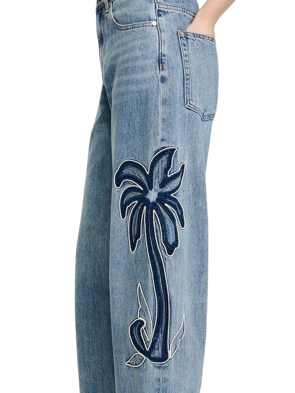 Palm Embroidered Wide Leg Barrel Jeans in Blue Jean - OWNCI Palm Embroidered Wide Leg Barrel Jeans in Blue Jean - OWNCI