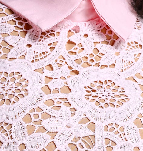 Light Pink Floral Lace Lapel Collar Short Sleeve Mermaid Midi Dress With Matching Belt - OWNCI