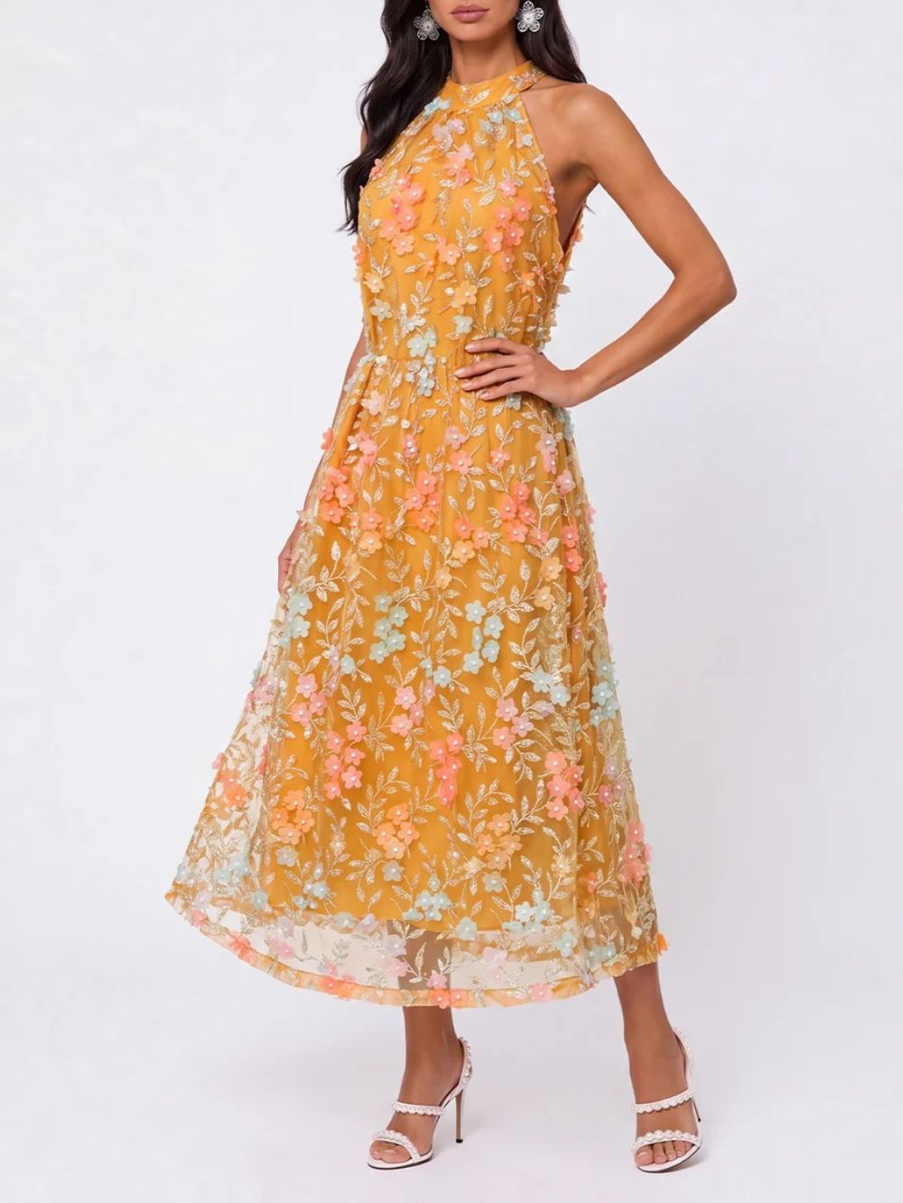 Phaelor Halterneck Flower Sequin Midi Dress - OWNCI Phaelor Halterneck Flower Sequin Midi Dress - OWNCI