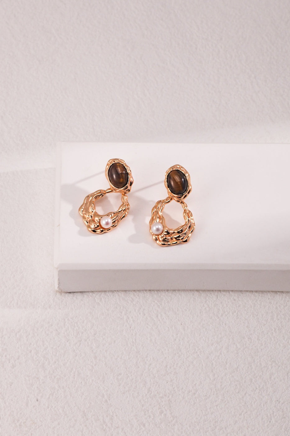 Tiger Eye Stone Pearl Irregular Wavy Hollow Gold Drop Earrings - OWNCI Tiger Eye Stone Pearl Irregular Wavy Hollow Gold Drop Earrings - OWNCI