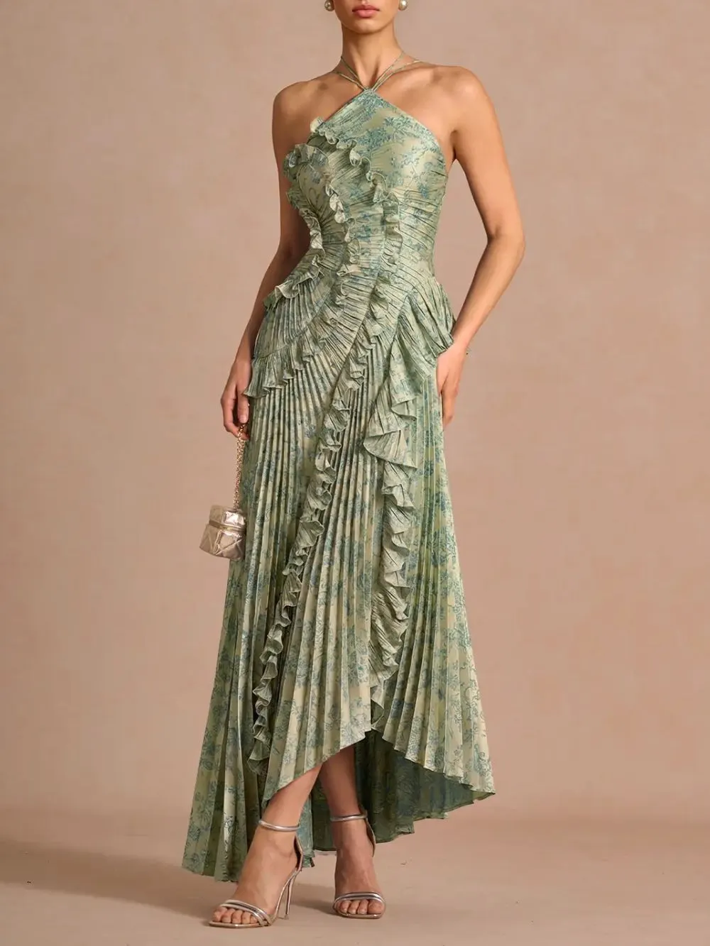 Finneas Platinum Teal Halter Pleated Maxi Dress - OWNCI