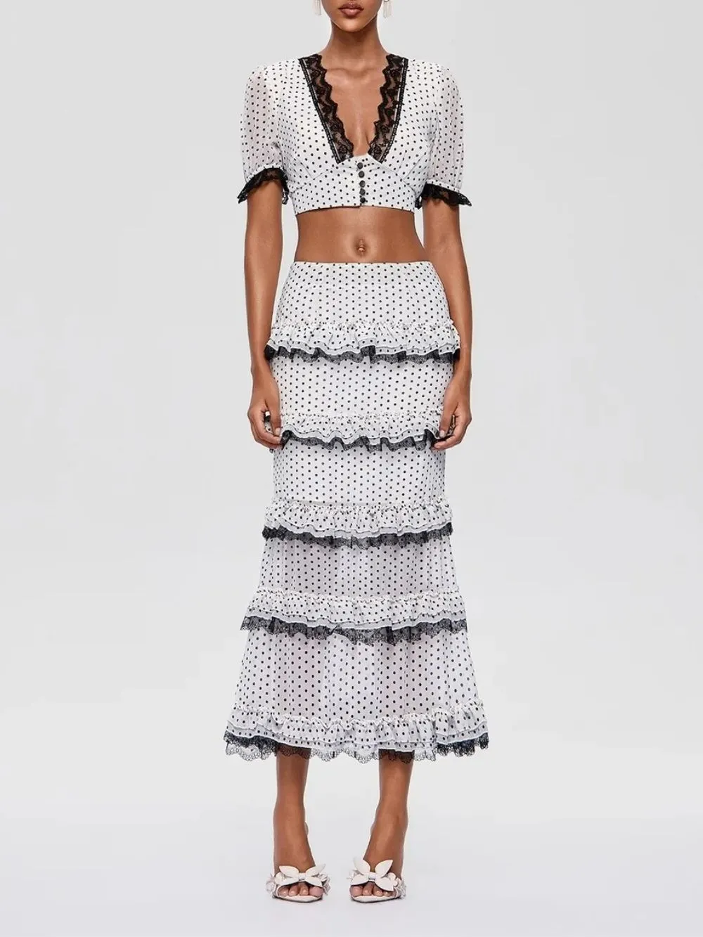 Franny V Neck Lace Ruffle Dot Skirt Set - OWNCI Franny V Neck Lace Ruffle Dot Skirt Set - OWNCI