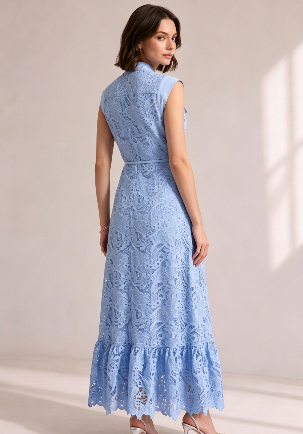 Sky Blue Sleeveless Tie Neck Cargo Pocket Floral Lace Midi Shirt Dress - OWNCI Sky Blue Sleeveless Tie Neck Cargo Pocket Floral Lace Midi Shirt Dress - OWNCI