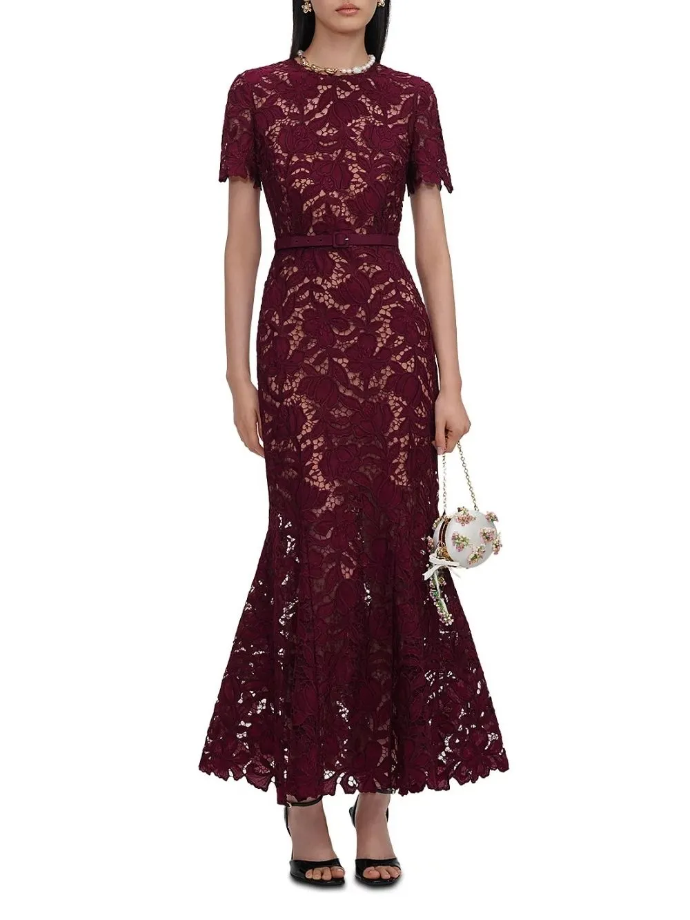 Burgundy Lace Midi Dress - OWNCI