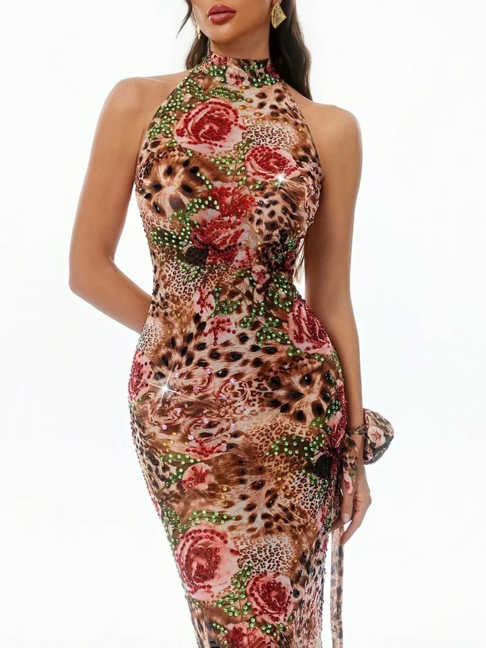 Gemala Halterneck Printed Rhinestone Dress - OWNCI Gemala Halterneck Printed Rhinestone Dress - OWNCI