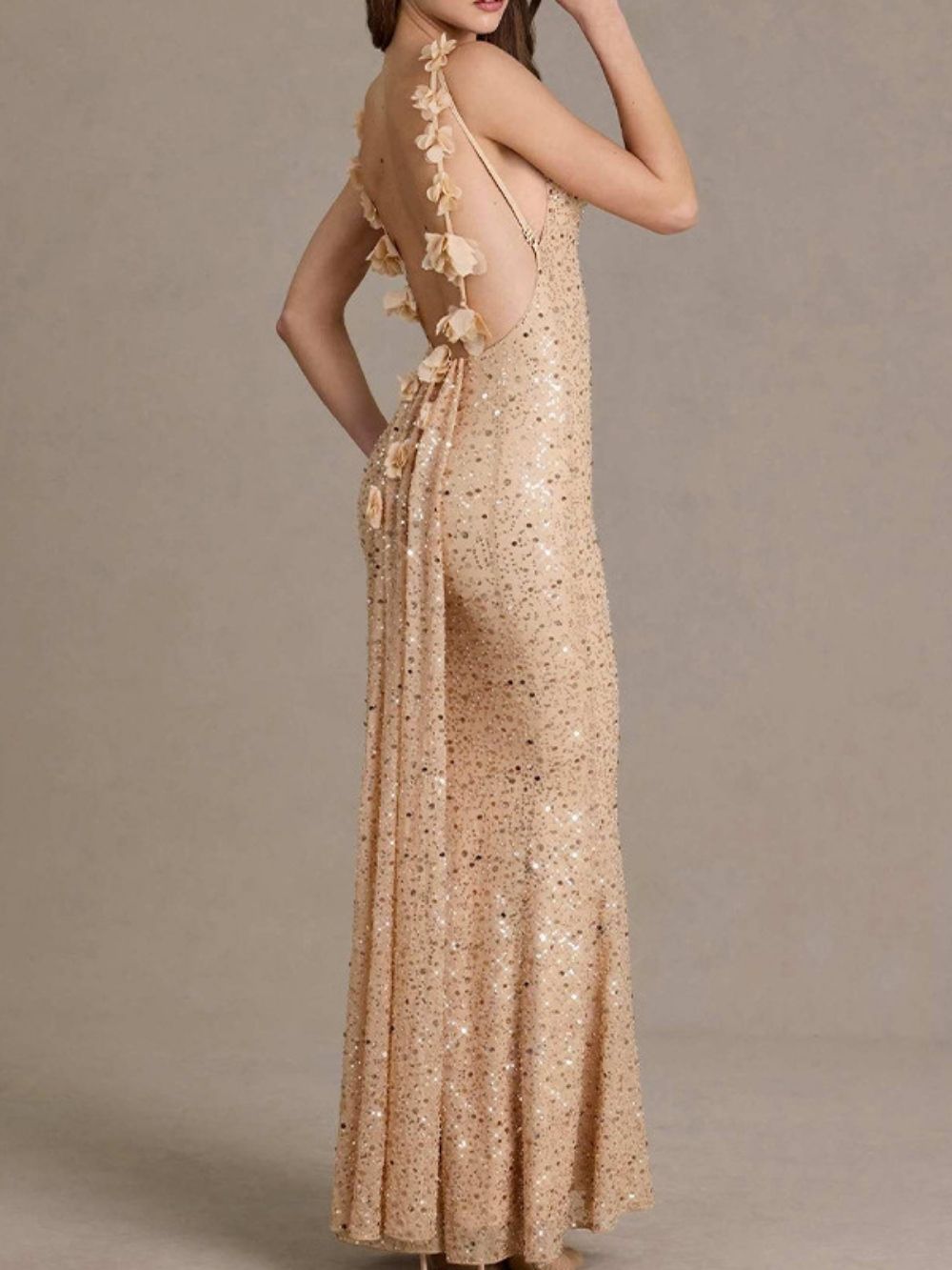 Khaza Champagne Strappy Sequin Backless Maxi Dress - OWNCI Khaza Champagne Strappy Sequin Backless Maxi Dress - OWNCI