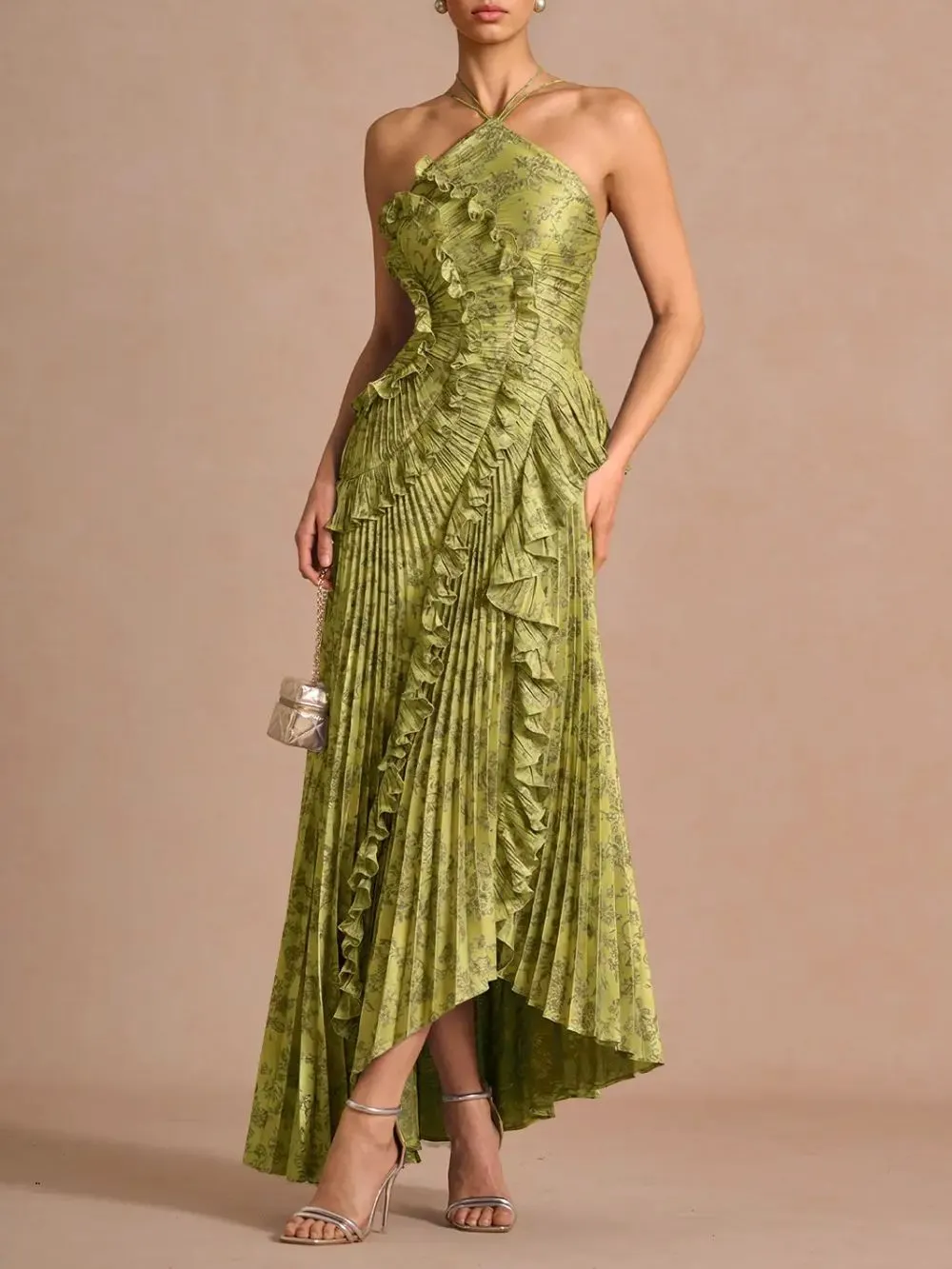 Finneas Olive Green Halter Pleated Maxi Dress - OWNCI