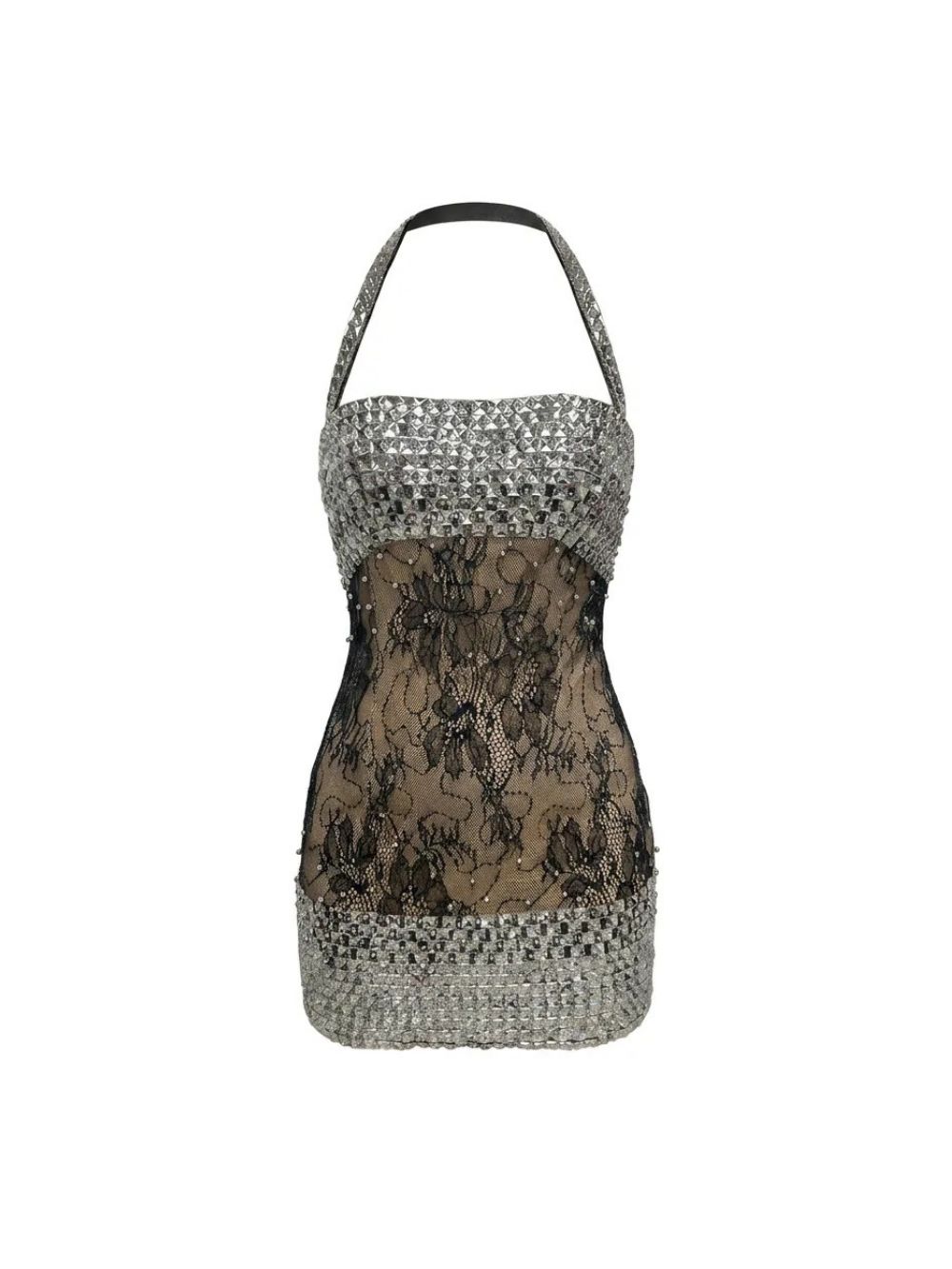 Marley Halter Lace Rhinestone Mini Dress - OWNCI