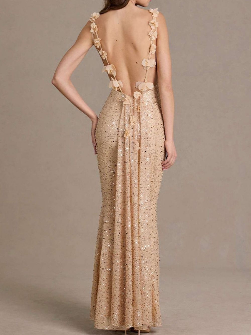 Khaza Champagne Strappy Sequin Backless Maxi Dress - OWNCI