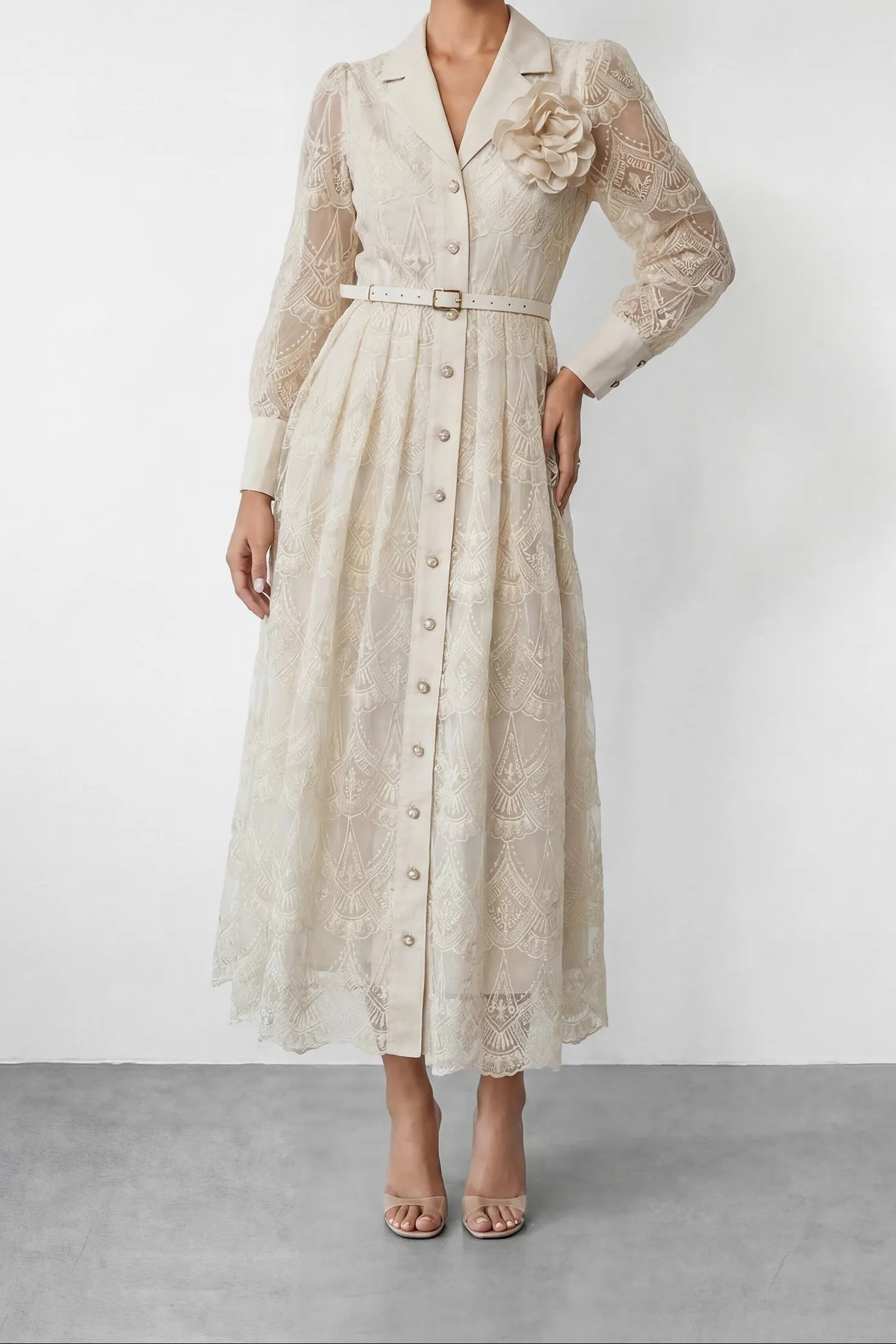Cream Embroidery Lapel Long Sleeve Belted Midi Shirt Dress With 3D Rose Brooch - OWNCI Cream Embroidery Lapel Long Sleeve Belted Midi Shirt Dress With 3D Rose Brooch - OWNCI