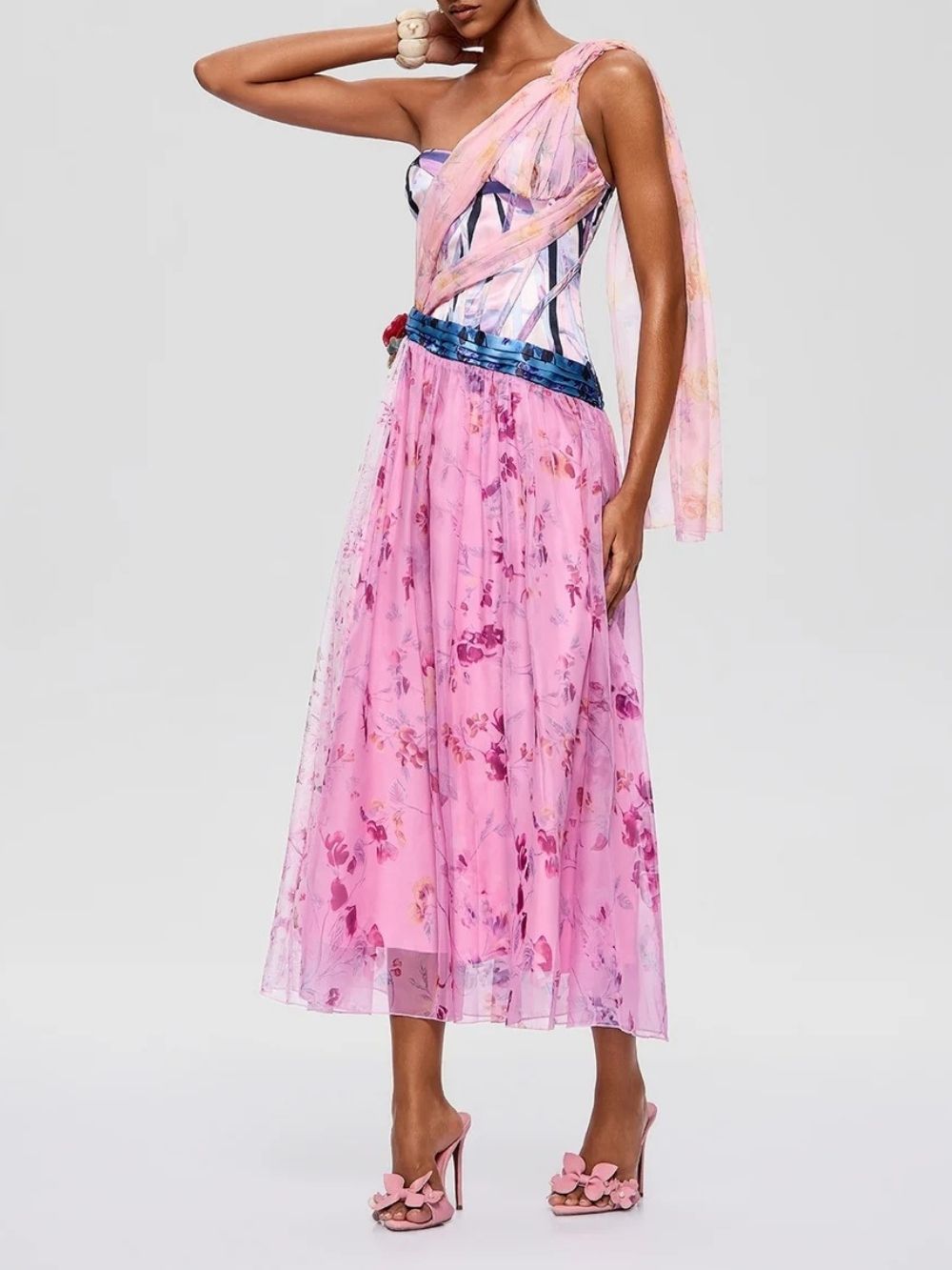 Morqen One Shoulder Floral Midi Dress