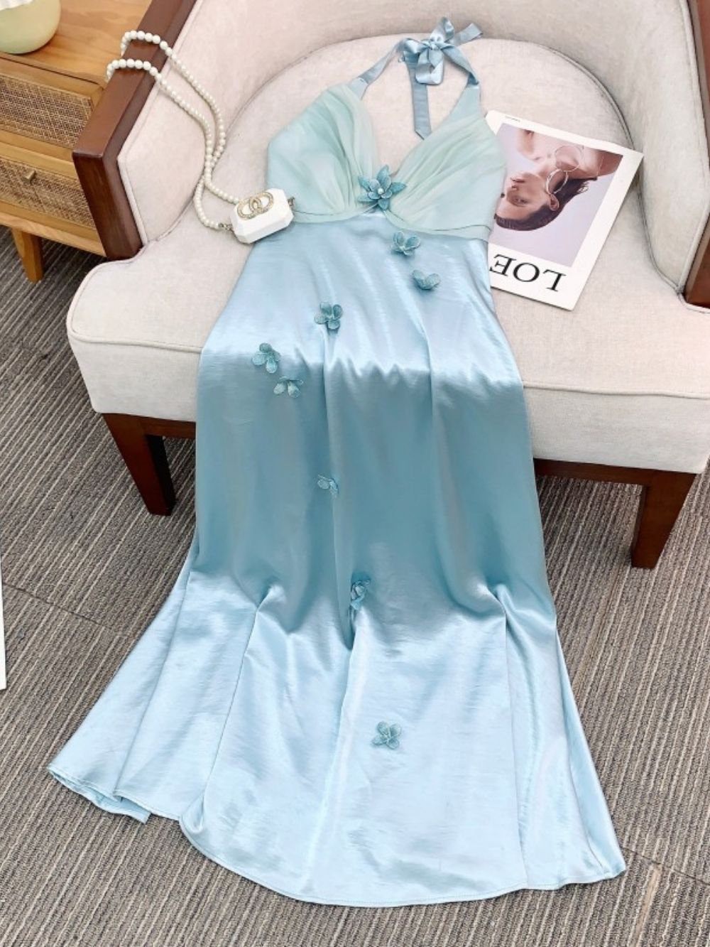 Malone Blue Satin Halter Flower Embellished Maxi Dress - OWNCI Malone Blue Satin Halter Flower Embellished Maxi Dress - OWNCI