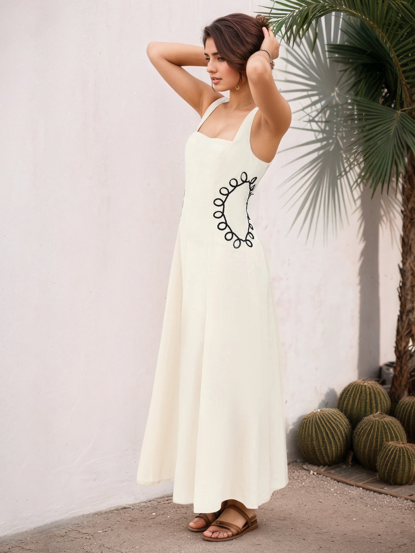 Cream Square Neck Sleeveless Black Loop Embroidery Flared Midi Dress - OWNCI