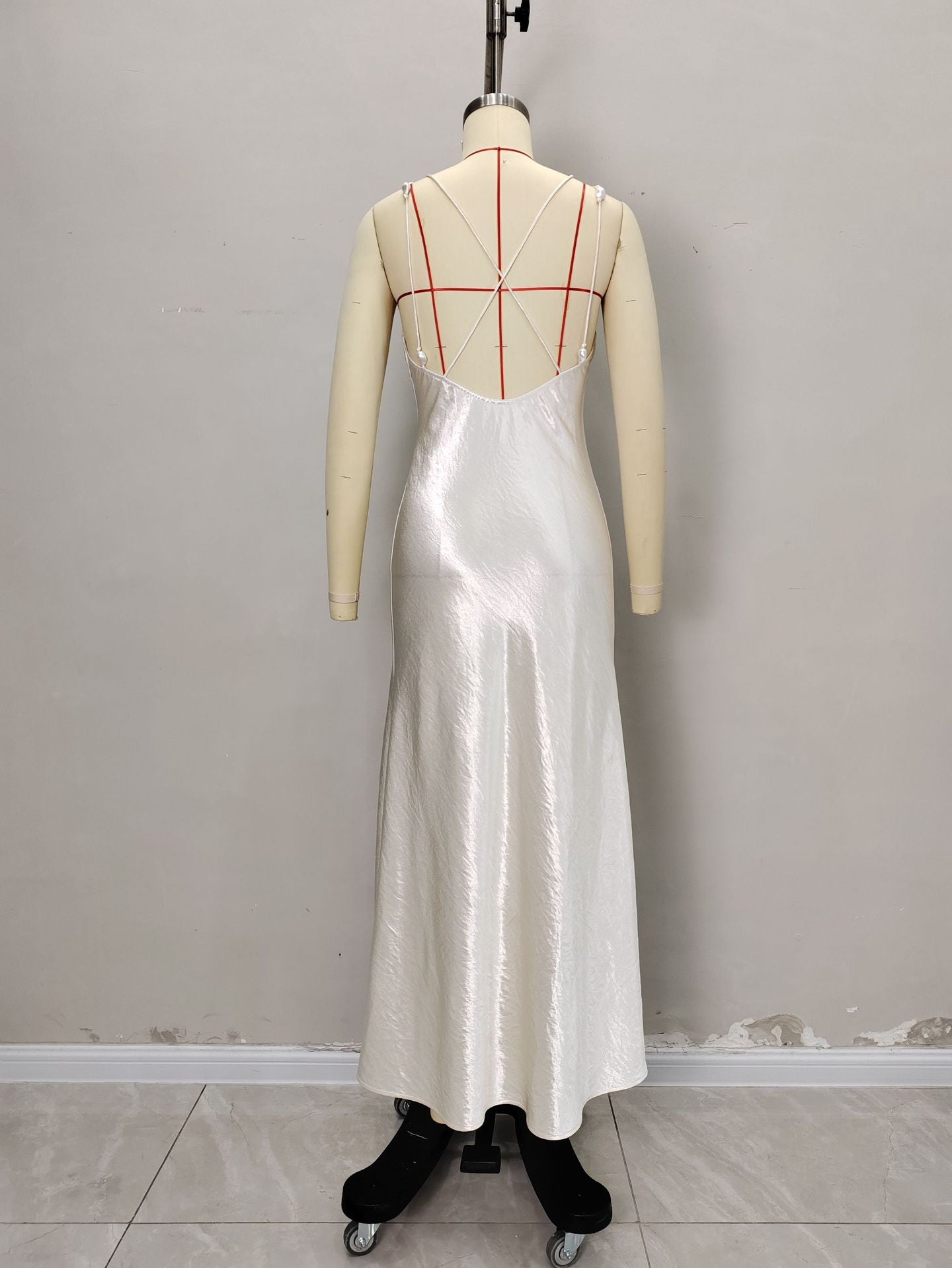 Cream Satin V-Neck Thin Strap Floor-Length Slip Maxi Dress - OWNCI Cream Satin V-Neck Thin Strap Floor-Length Slip Maxi Dress - OWNCI