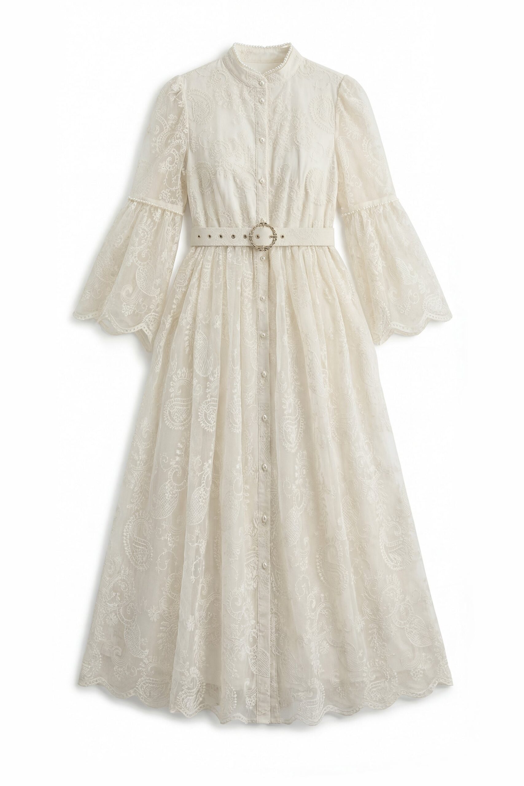 Cream Embroidery Lace Stand Collar Bell Sleeve Belted Midi Shirt Dress - OWNCI Cream Embroidery Lace Stand Collar Bell Sleeve Belted Midi Shirt Dress - OWNCI