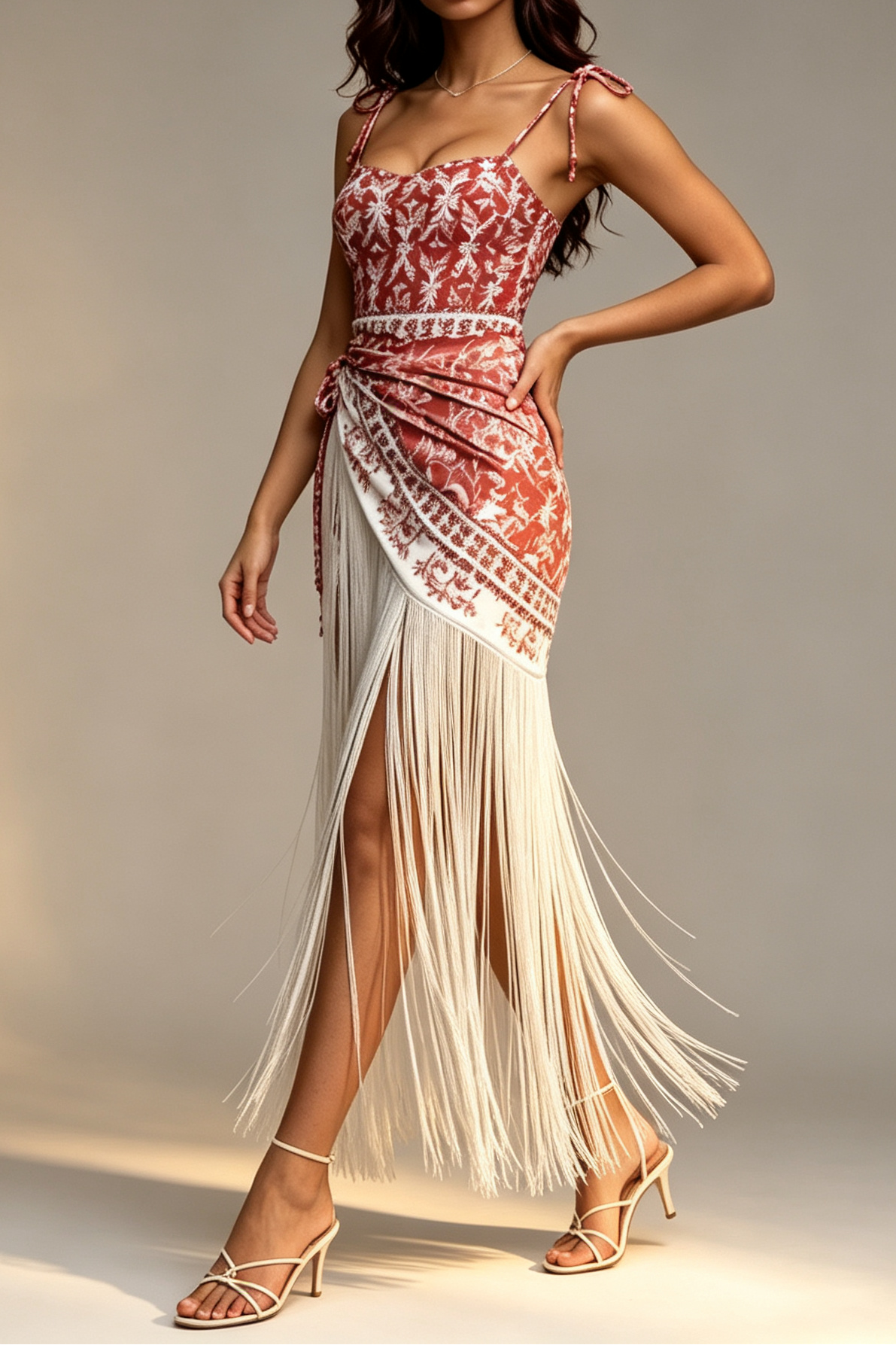 Red Floral Palm Print Beaded Tie Strap One Piece Swimsuit + Fringe Wrap Cover Up Skirt 2 Piece Beach Set - OWNCI