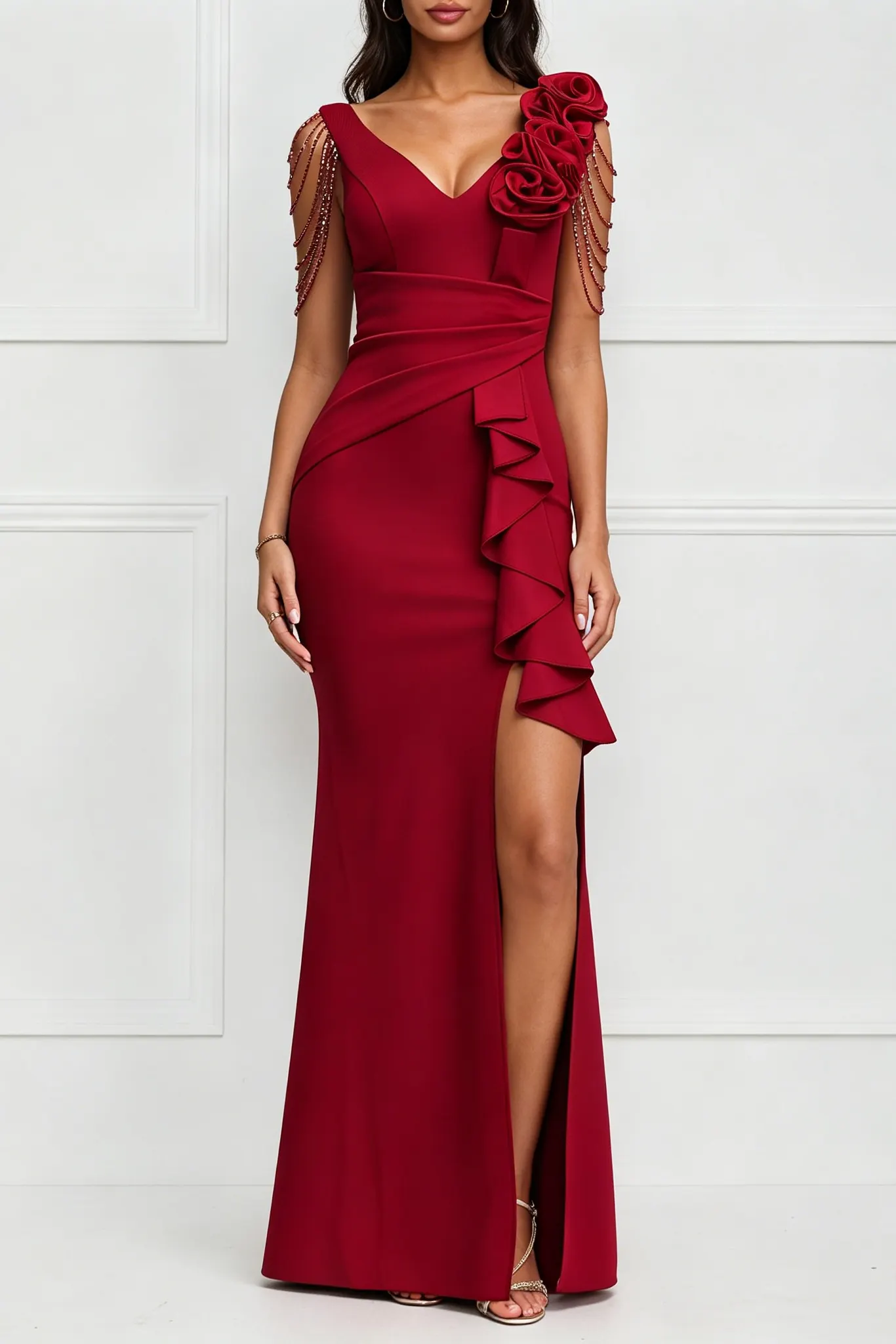 Burgundy 3D Floral Bead Tassel Ruffle High Slit Mermaid Maxi Gown - OWNCI Burgundy 3D Floral Bead Tassel Ruffle High Slit Mermaid Maxi Gown - OWNCI